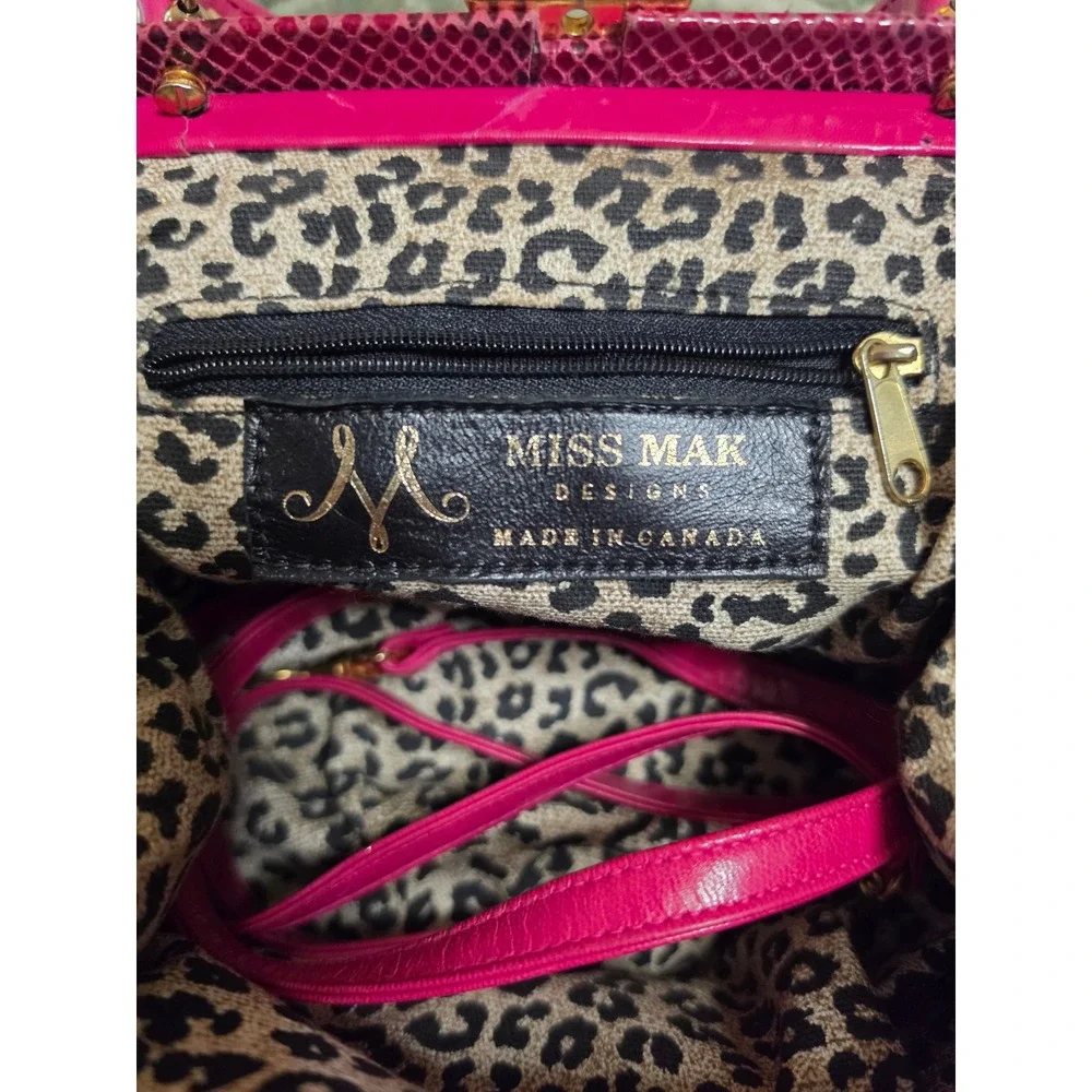Vintage Style Magenta Faux Snakeskin Frame Handbag Gold Hardware Top Handle Bag